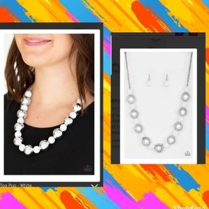 White and silver beaded Necklace and earring set